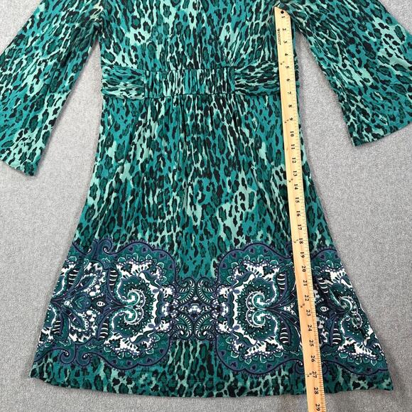 SOMA Kimono Animal Print Knit Dress Women's Large Green V-Neck Gathered Waist - Picture 5 of 8
